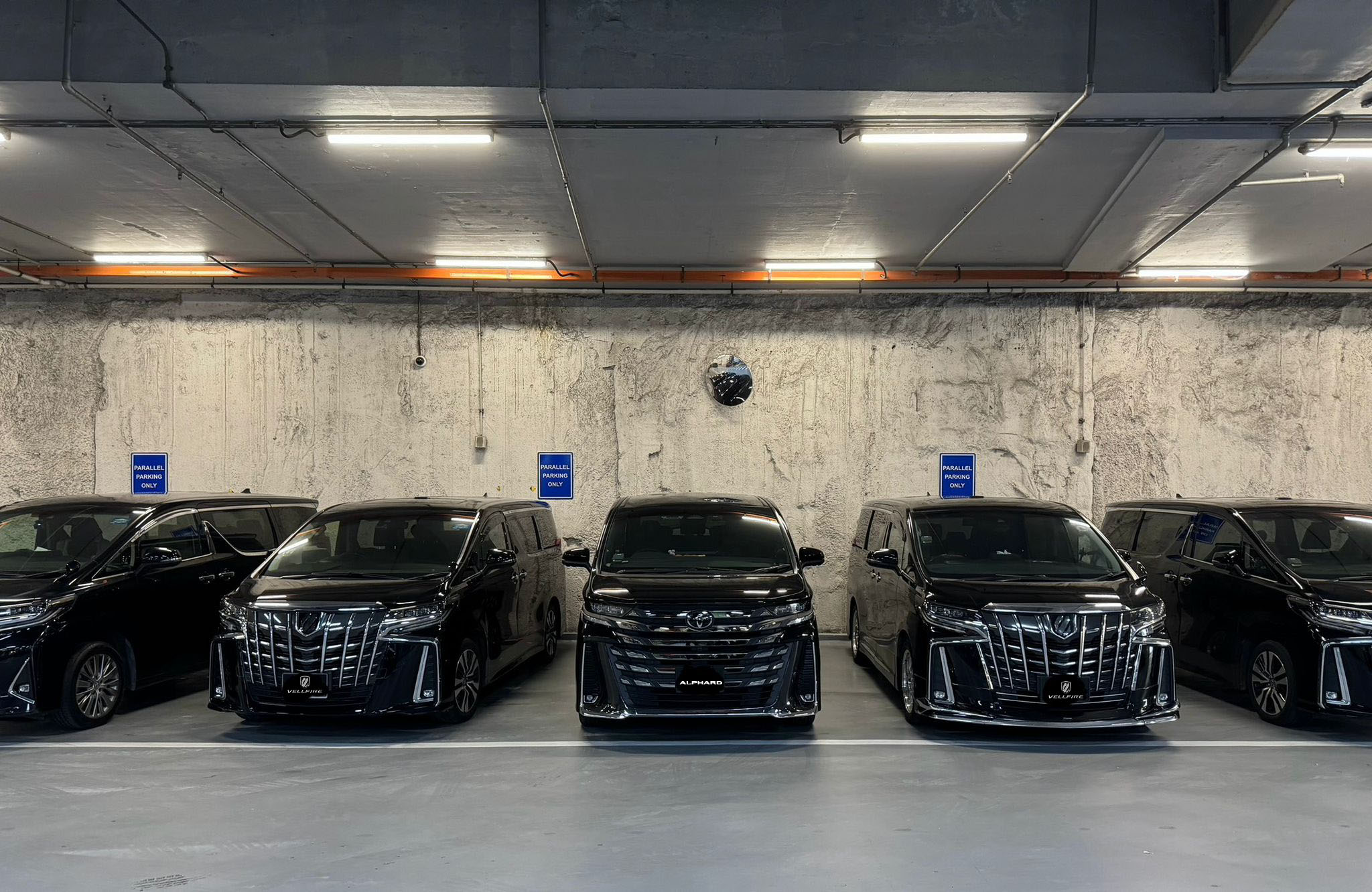 A fleet of pristine black luxury vans