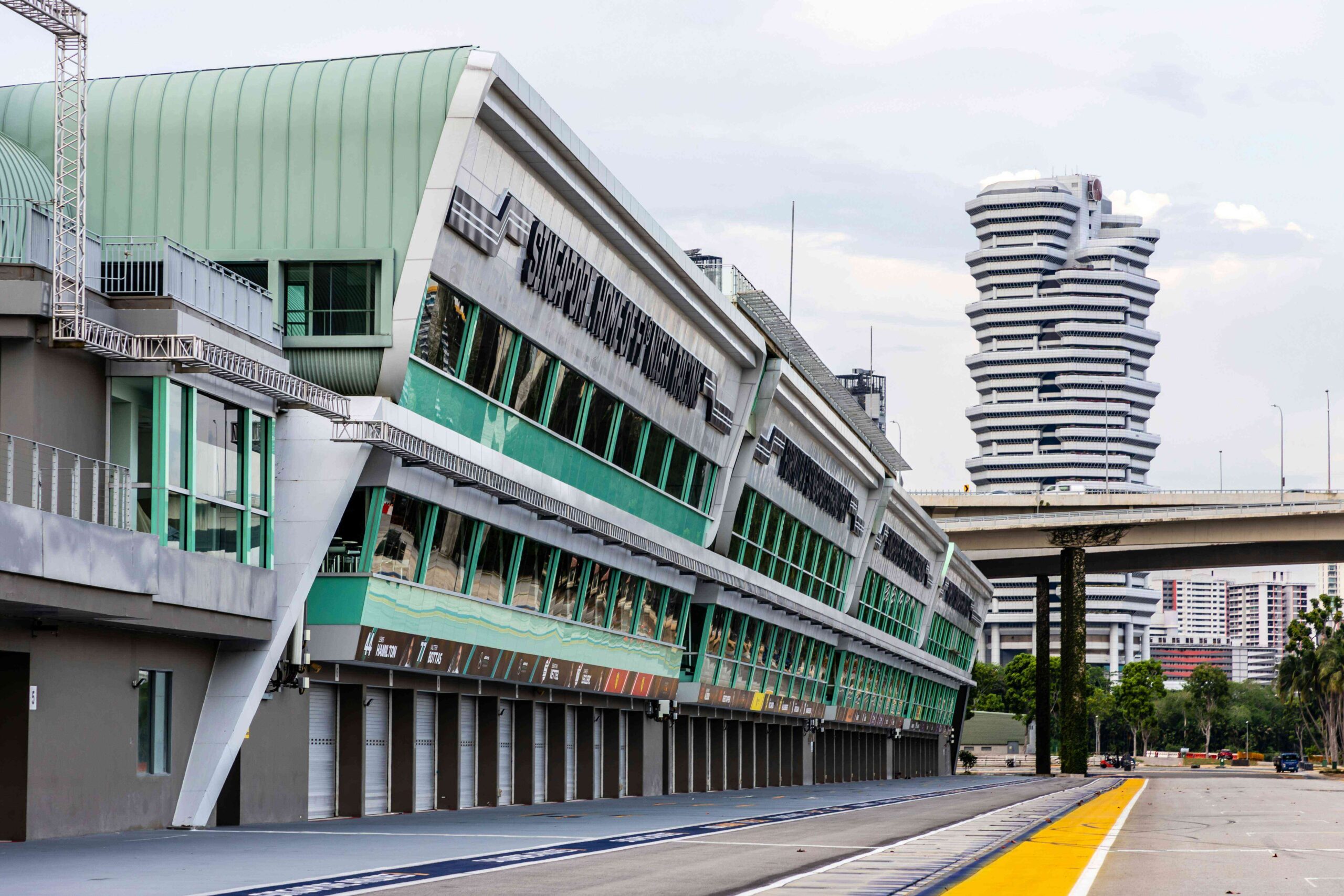 The modern F1 Pit Building at the Marina Bay Street Circuit in Singapore