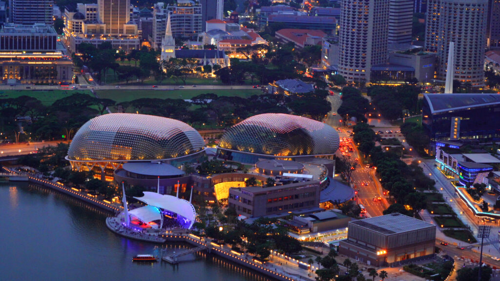 An elevated view of the Singapore skyline at dusk